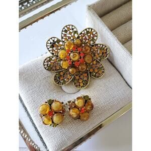 Vintage Orange and Yellow Bead Filigree Brooch & Earring Set
